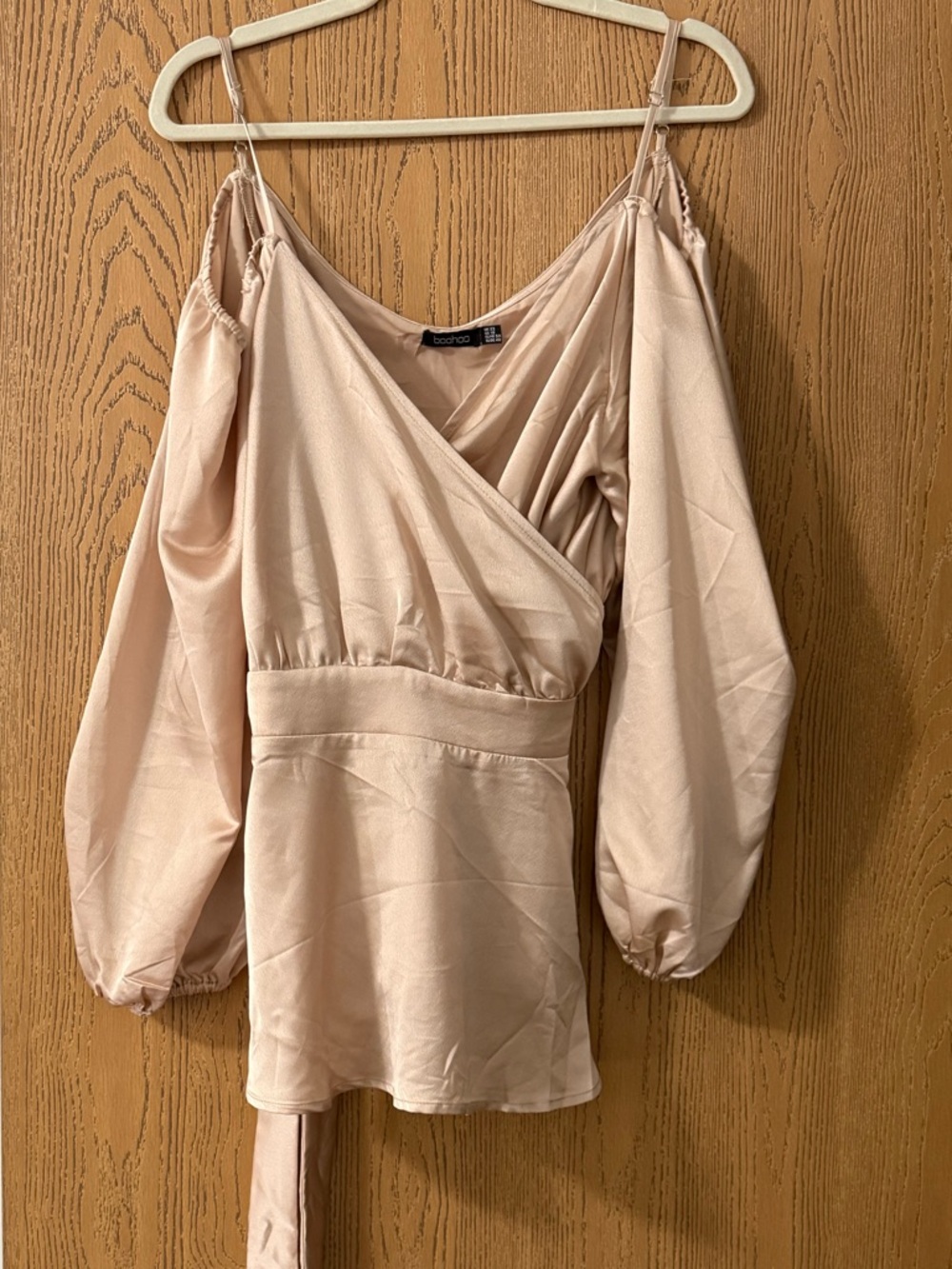 Boohoo Blush Satin Cold-Shoulder Wrap Top